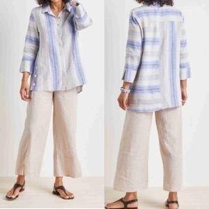 Habitat Lagenlook Artsy‎ Blue Striped Linen Blend 3/4 Sleeve Popover Blouse S